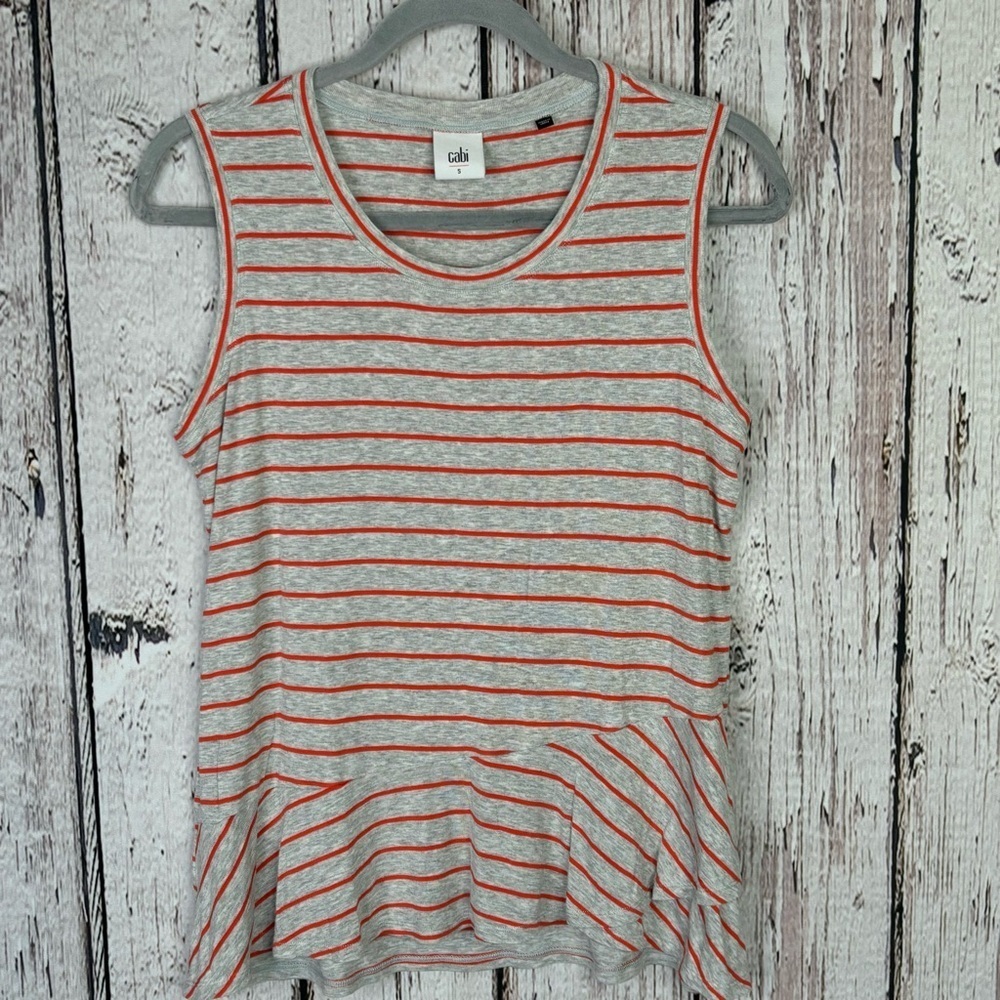 CAbi Style 5331 Ruffle Tank Size Small‎ Gray Orange Striped Asymmetrical Ruffle